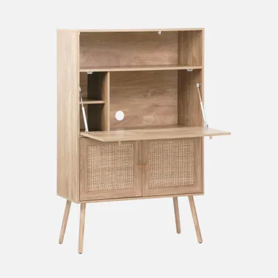 A light brown wooden secretary desk with rattan woven doors and legs, shown against a light gray background.