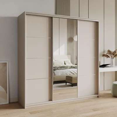 Produktbild von Masseno Schiebetürenschrank VARO 180/205/60 cm Kleiderschrank mit 4 Schubladen Schlafzimmer Schrank 3-türig mit Spiegel Kaschmir