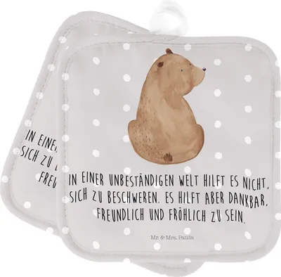 Produktbild von Mr. & Mrs. Panda Topflappen Bär Schulterblick - Grau Pastell - Geschenk, Topfuntersetzer, Teddy, Doppel, Weisheit, Topflappenset, Motivation, topfhalter, Bären