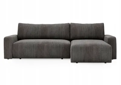 A grey corduroy sectional sofa shown from the front against a white background.