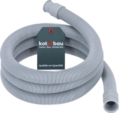A coiled gray corrugated hose with a dark gray tag attached.