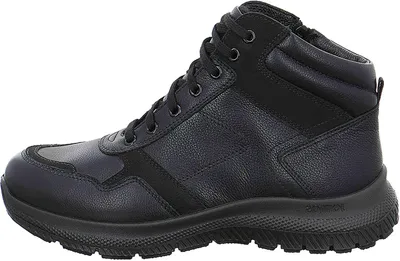 A side view of a black leather boot.