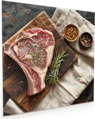 Produktbild von Küchenrückwand Spritzschutz Glas mit Motiv Steakauf Holzbrett 40 x 40 cm