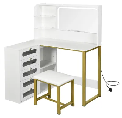 Immagine prodotto di Comò da trucco - Tavolino da trucco - 120 x 80 x 135 cm - 5 cassetti - Ripiano - Specchio con LED - Sgabello - Bianco