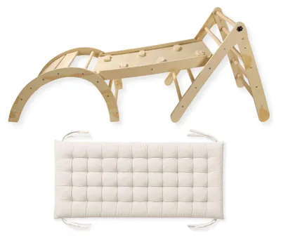 Produktbild von Buxibo Mini Kletterset – Kletterdreieck & Kletterbogen mit Kissen & Kletterrampe mit Rutsche – Montessori Spielgymnastik – 176x47x59 cm – Naturfarben