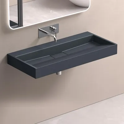 Image de doporro Lavabo Suspendu avec Bonde Vasque à Poser Gris Noir Mat 100x46x11cm Lave Mains Rectangulaire sans Perçage de Robinet Colossum19