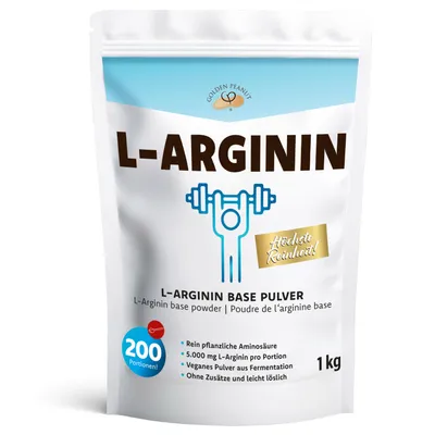 Produktbild von GOLDEN PEANUT SPORTLINE® L-Arginin Base Pulver 1 kg - vegan 100% pur ohne Zusatzstoffe, aus Fermentation, pflanzlicher Ursprung, freie Aminosäure