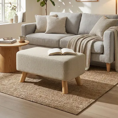 Produktbild von Livingandhome Rechteckiger Polsterhocker mit Eichenholzbeinen – Leinenbezug, Schaumstofffüllung, vielseitig
