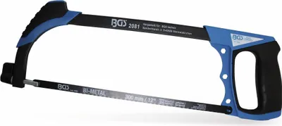 A hacksaw with a blue and black handle and a silver blade.