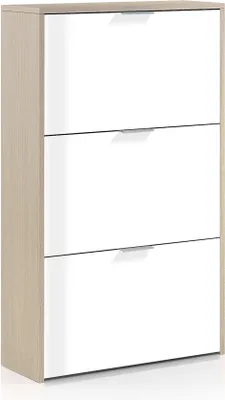 Produktbild von Schuhschrank Dcosta, Schuhschrank mit 3 Klapptüren, Schrank mit doppelter Kapazität für bis zu 18 Paar Schuhe, 70x17h180 cm, Eiche und glänzend Weiß