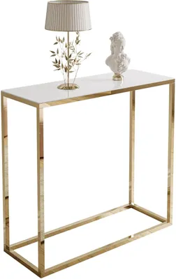 A console table with a white glass top and gold metal frame, displayed on a white background.