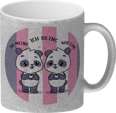Produktbild von Panda Glitzer-Kaffeebecher mit Spruch Du meins ich deins wir eins