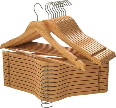 Produktbild von Holzkleiderhaken mit runder Hoseleiste und Schulterfugen - Drehbare Kleiderbügel in 360 Grad - Langlebige und schlanke Bügel für Jackett, Anzug und Hose (Natürliches Finish, 10er Set)