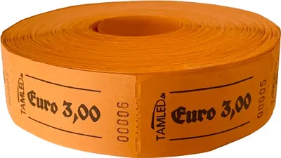 Produktbild von TAMLED Bonrolle 3,00 €  orange 1000 perforierte Abrisse fortlaufend nummeriert