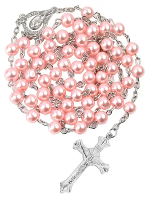 Imagen del producto de Rosario de cuentas de vidrio rosa, con dije de cruz, para hombres y mujeres