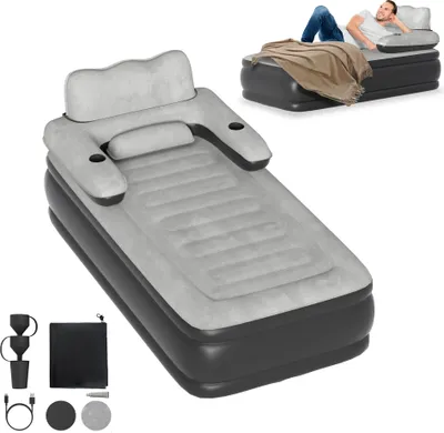 Produktbild von UISEBRT Einzelbett Aufblasbare Luftmatratze mit Rückenlehne, durchstichfestes PVC, beflockte Oberfläche, abnehmbare Luftpumpe, ideal für Camping, Reisen und Gäste