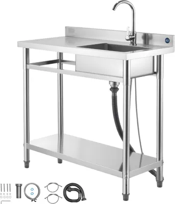 Zdjęcie produktu dla Zlewozmywak ze stali nierdzewnej SucceBuy z komorą (100 x 50 x 94 cm), w tym kran i półka, zlewozmywak kuchenny do garażu, restauracji lub pralni, zlewozmywak zewnętrzny z lewą powierzchnią roboczą