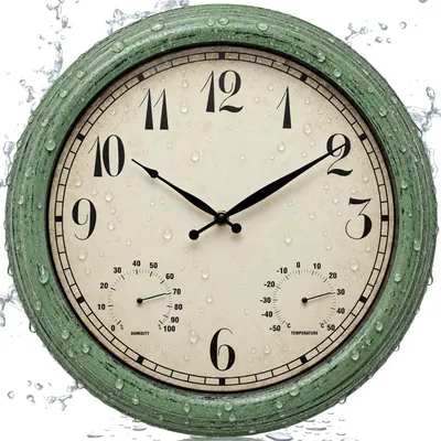 Gartenwanduhr 38 cm, wasserdicht, Vintage, mit Thermometer & Feuchte, Grün