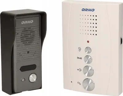 A video door intercom system is shown, with the outdoor unit on the left and the indoor unit on the right.