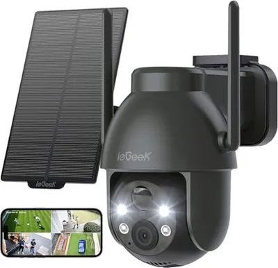 Produktbild von IEGEEK 2K 3MP Outdoor Solar Surveillance-Kamera, 360 ° PTZ-Kamera Akku, 2,4 GHz drahtloser PIR-Bewegungssensor, Color-Nachtsicht, 2-Wege-Audio, IP65