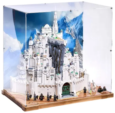 Produktbild von Blacked Brick WOOD Vitrine mit bedruckter Rückwand für LEGO® 11377 ICONS – Der Herr der Ringe: Minas Tirith™