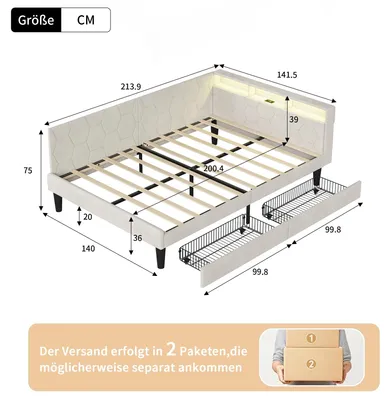 Produktbild von Polsterbett - 140x200 cm Bett - LED-Beleuchtung - Stauraum mit Schubladen - USB-Ladeanschluss - Samtbezug - bis 250 kg - Beige