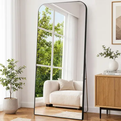Obrázek produktu pro Zrcadlo na celé tělo, rozměry 218 x 102 cm, stojací zrcadlo, tvrzené sklo, hliníkový rám, černá barva
