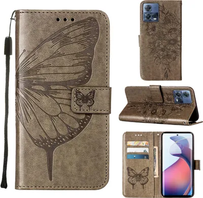 Produktbild von Moto S30 Pro Hülle, Schmetterling Prägung Flip Leder Kartenfächer Schutzhülle Ledertasche mit Ständer für Motorola Moto S30 Pro 5G Grau