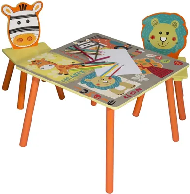 Immagine prodotto di Tavolo per bambini con 2 sedie, set in legno – ideale per studiare, giocare, disegnare e mangiare – SAFARI