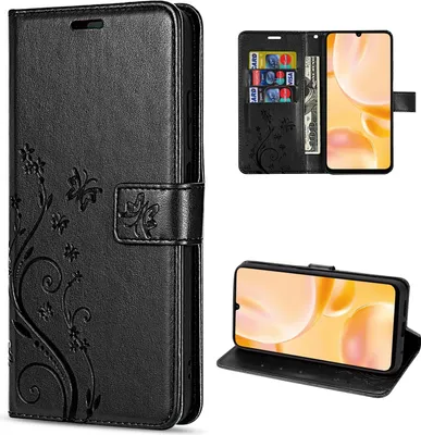 A collage of images showing a black leather flip phone case with a floral design, including a view of the inside with card slots and a phone in a stand position.