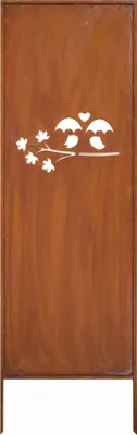 A decorative metal screen with a cut-out design of birds on a branch.