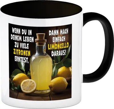 Produktbild von Limoncello Kaffeebecher in schwarz mit Spruch Mach Limoncello aus Zitronen