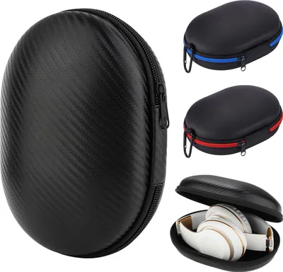 A collage of headphone cases and a pair of white and gold headphones inside an open case.