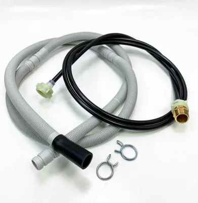 A set of hoses and clamps for a washing machine.