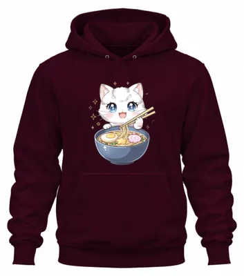Productafbeelding van Kawaii anime katten-ramen noedelsoep, Japans, schattig, uni hoodie, bordeauxrood, maat S