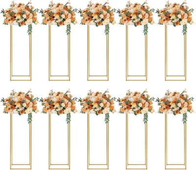 Produktbild von Blumenständer Set - Metall Säulenvase - 10er Pack Tischdekoration - 80 cm hoch - Geometrischer Centerpiece Ständer für Hochzeit & Party - Gold