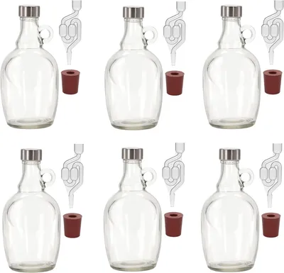 Produktbild von 6 x 1L Gärballon mit rundem Griff Rundgriff Flasche +Gummistopfen + Gärröhrchen Set