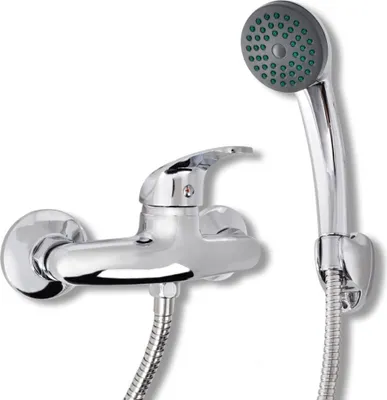 A chrome-finished shower faucet and handheld showerhead set against a white background.