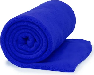 A rolled-up blue fleece blanket on a white background.