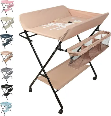 Productafbeelding van Baby Verschoontafel - Luiertafel met wielen - Babyverzorging Thuis - Opvouwbaar en Verstelbaar - Met Opbergvakken - Lichtroze