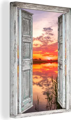 Produktbild von OneMillionCanvasses® - Leinwandbilder - 90x140 cm, Landschaft - Sonnenuntergang - Wasser - Aussicht, - Geöffnetes Fenster - Fensterblick Schlafzimmer Kunstdruck Wanddekoration - Foto auf Leinwand - Gemälde auf - Wandschmucke - Schlafzimmer