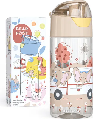Produktbild von Trinkflasche Kinder 450ml, leichte Tritan Wasserflasche, BPA frei, auslaufsicher, Kohlensäure geeignet, spülmaschinenfest, Jungen, Mädchen - Elefanten