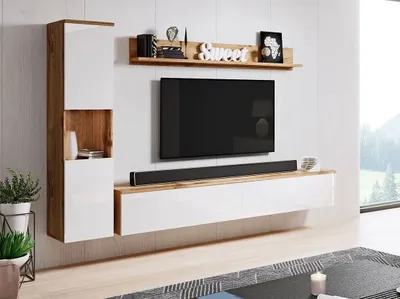 Obrázok produktu pre Moderná obývacia stena s LED osvetlením ROSALIO - dub matera / lesklá biela
