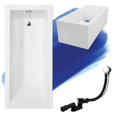 Zdjęcie produktu dla Wanna Akrylowa Zestaw 4w1 Prostokątna 180x80 Biała + Styropianowy Nośnik Stabilizujący, Nowoczesny Syfon i Nogi (stelaż) w komplecie | BADLAND MODERN