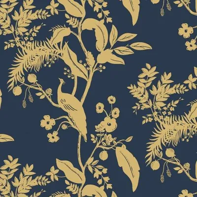 Produktbild von Unyqoos® dunkelblaue und goldene selbstklebende Tapete mit Vogel- und Blumenmuster 44 cm x 3 m