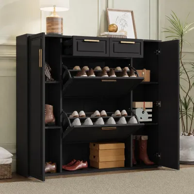 Image de Armoire à chaussures moderne avec étagères réglables, poignées dorées, 2 tiroirs, un rabat et des portes, de couleur noire – Dimensions : largeur 120 cm / profondeur 24 cm / hauteur 107 cm