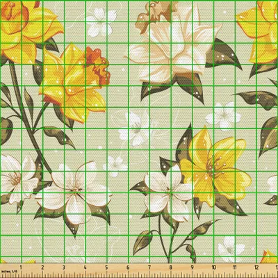 Produktbild von ABAKUHAUS Jahrgang Gewebe als Meterware, Narzissen blüht kleine Wildblumen-Grün-Blätter klassisches festliches, 1 M (148 x 100 cm), Gelb Creme Hellgrün