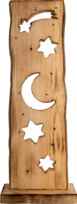 Produktbild von Näve Leuchten LED-Holz-Dekoleuchte Mond/Sterne h: 60cm LED-Holz-Dekoleuchte Mond/Sterne h: 60cm LED-Holz-Dekoleuchte Mond/Sterne h: 60cm, Deko im Landhaus Stil, aus Holz in natur, 16 x 2,5 x 60 cm, mit LED Platine – Batteriebetrieb – Timerfunktion – Schiebeschalter
