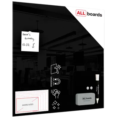 Produktbild von Glasboard Schwarz 50x50cm magnetisch beschreibbar 4mm dick mit geschliffenen Kanten für vertikale oder horizontale Montage