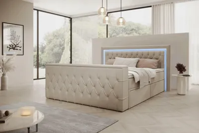 Productafbeelding van Boxspringbed AROSA TV, 180x200 cm, beige, met pocketveringmatras, toplaag, LED-TV-houder en lades